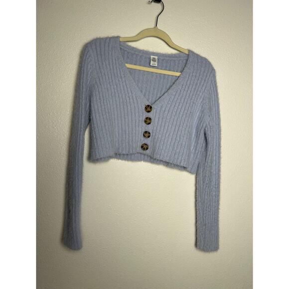 Urban Outfitters Sweater Womens Large Blue Cropped Button Front Cardigan Fuzzy - Picture 1 of 4